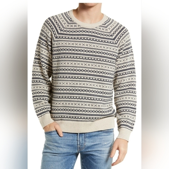 MARINE Layer Mens Knox Fair Isle Crewneck Sweater Medium Cream/Black Iris - Picture 1 of 6